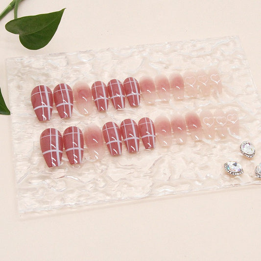 Valentines Day Long Coffin Burgundy Grid Pattern Press On Nail Set