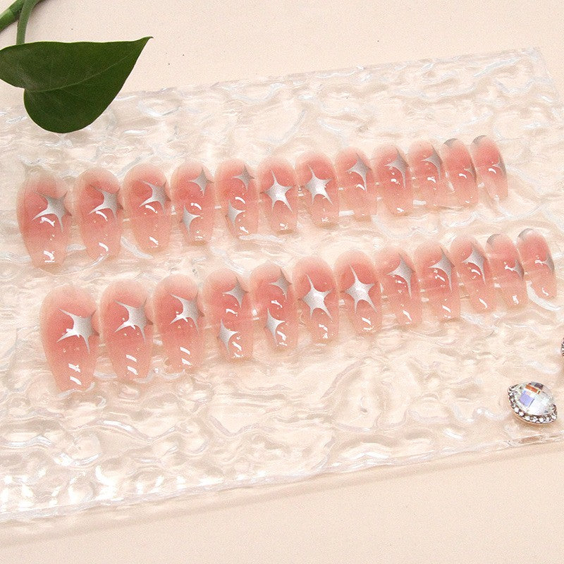 Summer Romance Medium Coffin Peach with White Star Accent Press On Nail Set