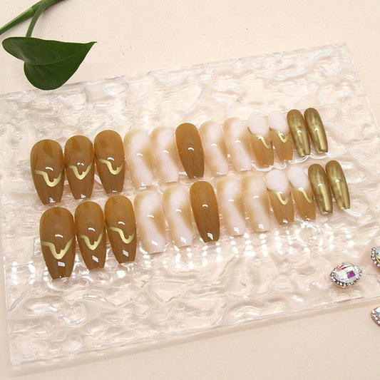 Boho Chic Medium Coffin Ballerina Mustard and Gold Metallic Swirl Press On Nail Set