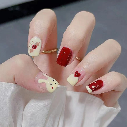 Sweetheart Short Square Burgundy and Beige Animal Hearts Press On Nail Set