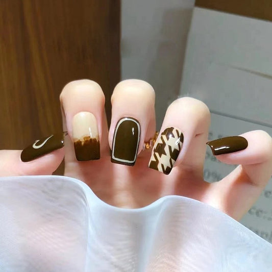 Autumn Splendor Medium Square Espresso with Gold Foil Accents Press On Nail Set