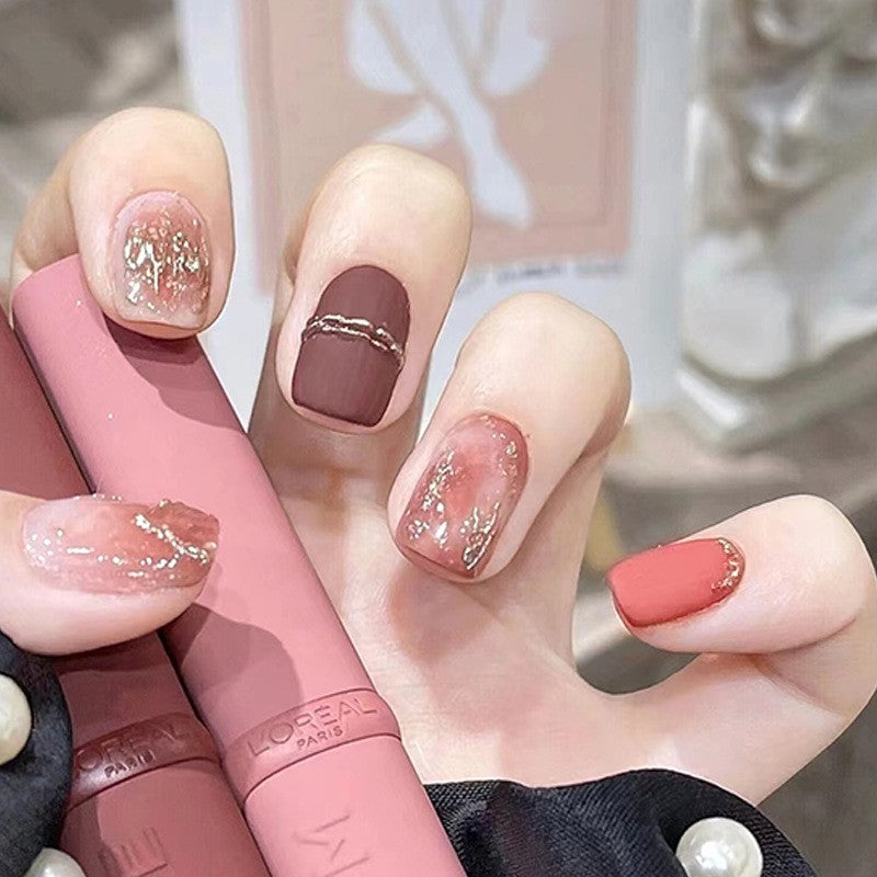 Elegant Chic Short Square Mauve Press On Nail Set with Glitter Overlay and Coral Accent Nails