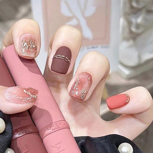 Elegant Chic Short Square Mauve Press On Nail Set with Glitter Overlay and Coral Accent Nails