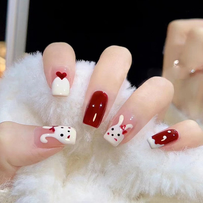 Valentine's Day Inspired Medium Length Almond Shape Red and White Press On Nail Set with Heart and Bunny Accents