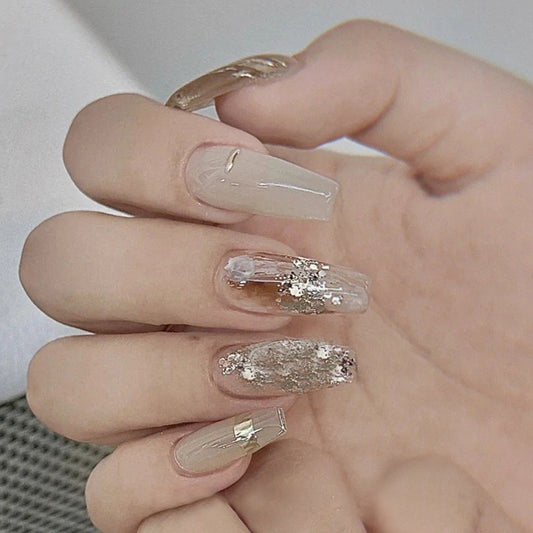 Glamorous Gala Extra Long Coffin Clear Press On Nail Set with Gold Flake and Glitter Accents