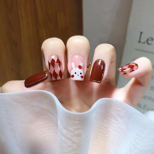 Whimsical Wonderland Medium Square Burgundy and Pink Press On Nail Set with Geometric Patterns and Bunny Design