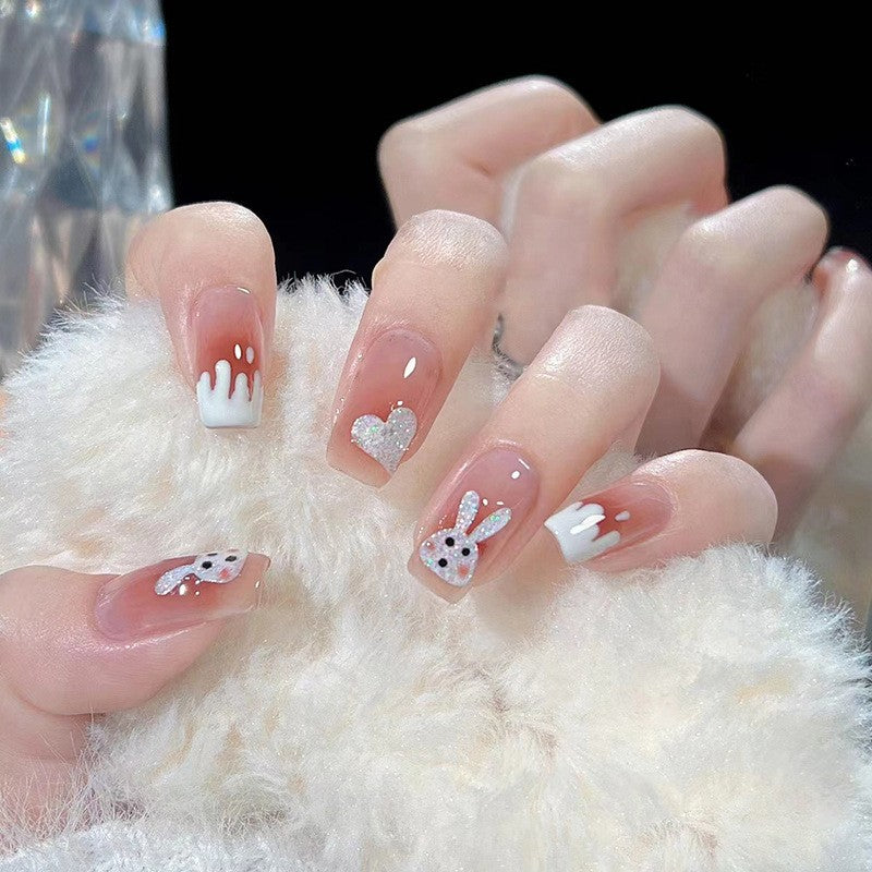 Enchanted Bunny Medium Square Beige Press On Nail Set with Glitter Hearts and Rabbit Accents