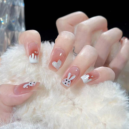Enchanted Bunny Medium Square Beige Press On Nail Set with Glitter Hearts and Rabbit Accents