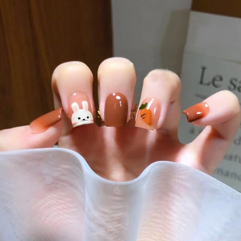 Hunting For Carrots Medium Square Brown Cute Press On Nails