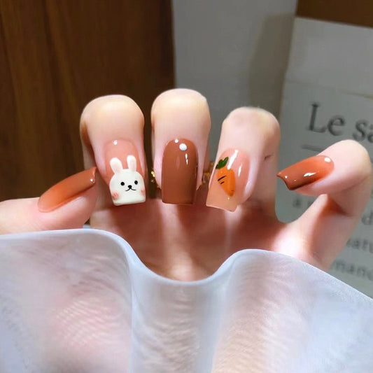 Harvest Hare Medium Square Caramel Press On Nail Set with Adorable Bunny and Carrot Designs