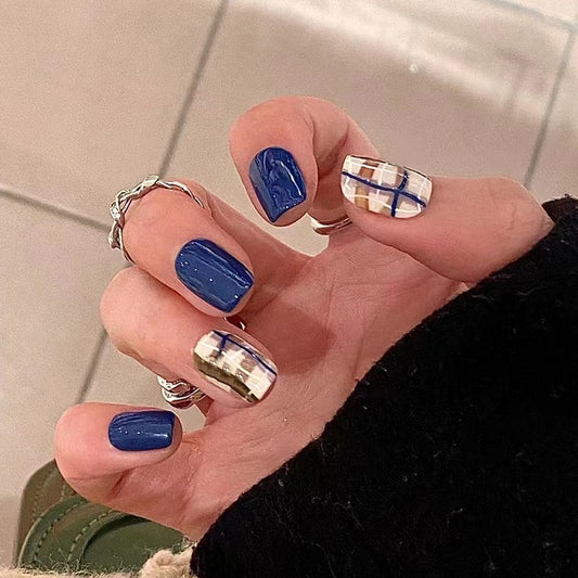 Just A Lady Medium Square Blue Checkered Press On Nails