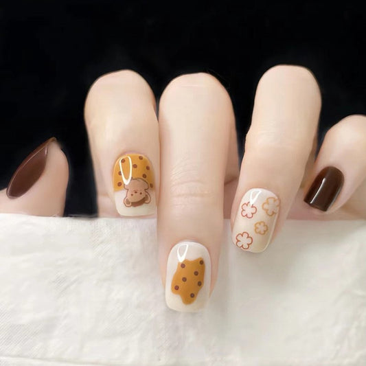 Beary Sweet Short Squoval Yellow Cartoon Press On Nails