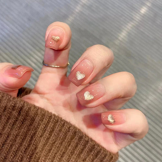 Show Came On Medium Square Gold Hearts Press On Nails