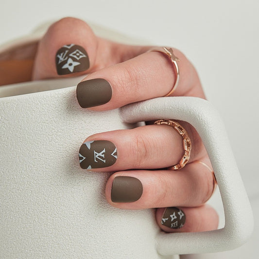 LV Babes Short Squoval Brown Glam Press On Nails