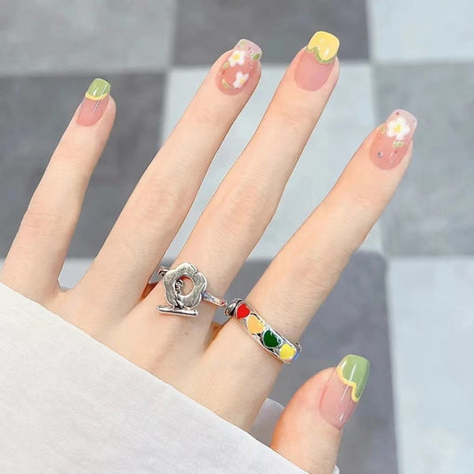 Flower Crazy Medium Square Green Spring Press On Nails