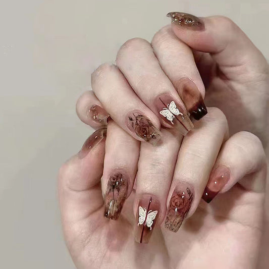 Rose Pick Long Coffin Brown Glossy Press On Nails