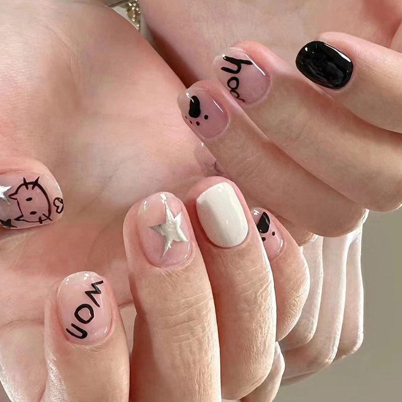 Draw Me Short Squoval Black Cartoon Press On Nails