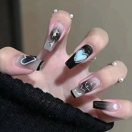 Bling Bling Dark Long Coffin Black Hearts Press On Nails