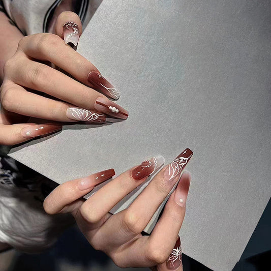 Latte Long Coffin Brown Butterfly Press On Nails