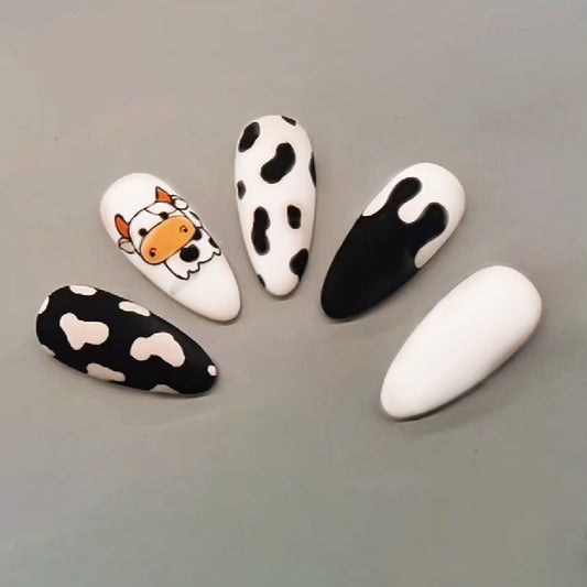 The Cutest Cow Medium Almond Black Animal Pattern Press On Nails