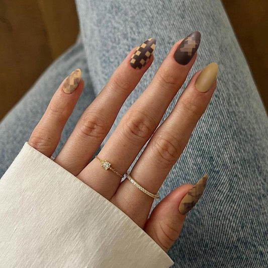 Mosaic Art Medium Almond Brown Abstract Press On Nails