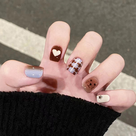 Beary Nice Day Short Square Brown Cute Press On Nails