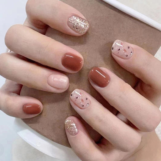 Chic Caf≈Ω Medium Square Brown Press-On Nails with Glitter Accents and Polka Dot Artwork