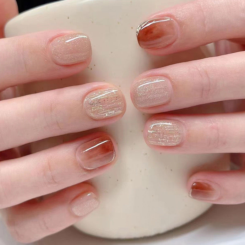 Morning Latte Short Squared Neutral Press-On Nail Set with Shimmer Overlay and Marbled Accent