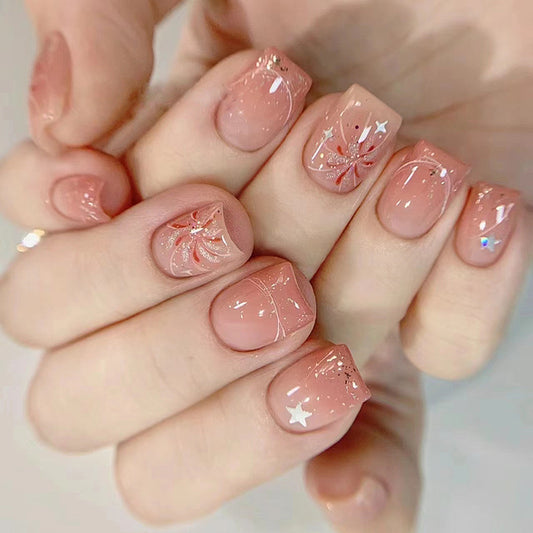 Starry Night Short Square Blush Pink Press-On Nail Set with Holographic Stars and Delicate Line Art