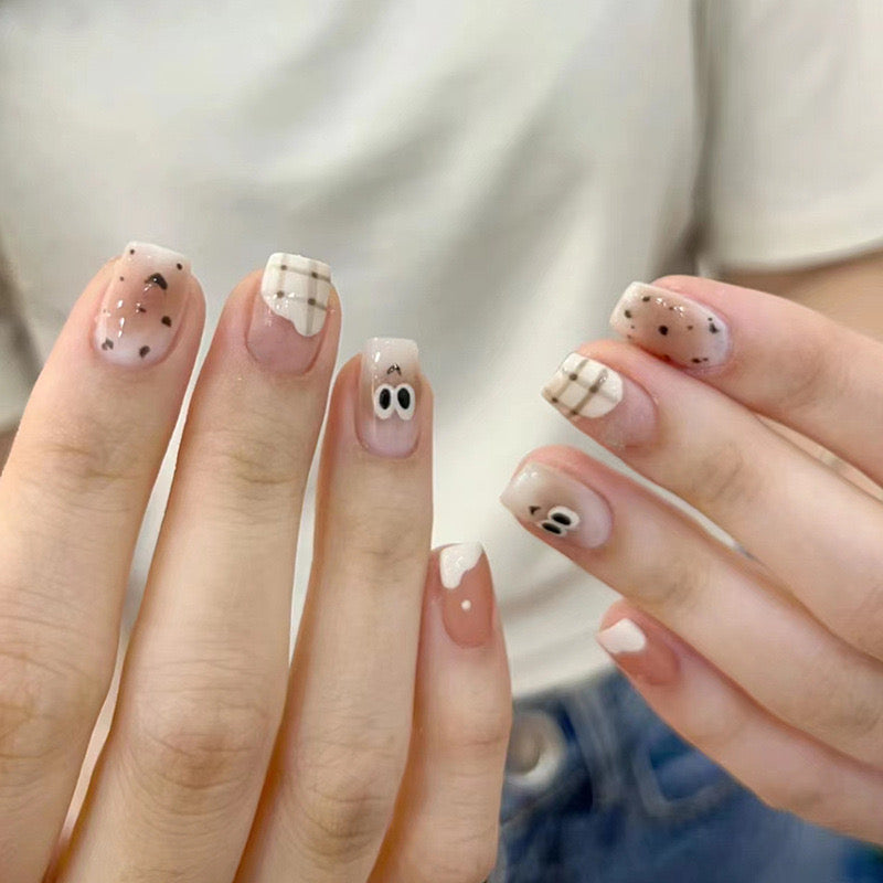 Playful Pastel Short Square Beige Plaid and Polka Dot Press-On Nail Set