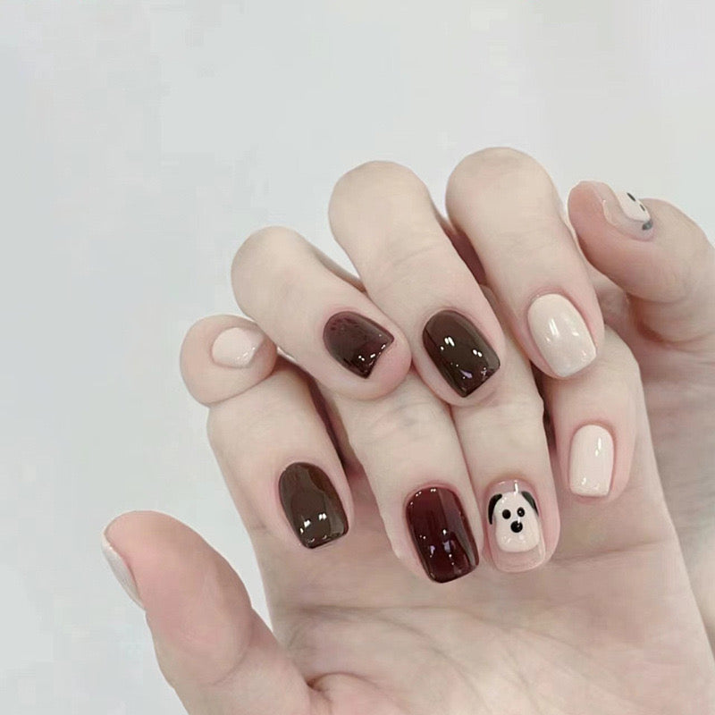 Playful Pooch Short Square Soft Pink and Chocolate Press-On Nails with Adorable Dog Decal