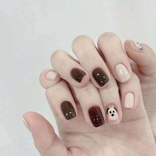 Playful Pooch Short Square Soft Pink and Chocolate Press-On Nails with Adorable Dog Decal