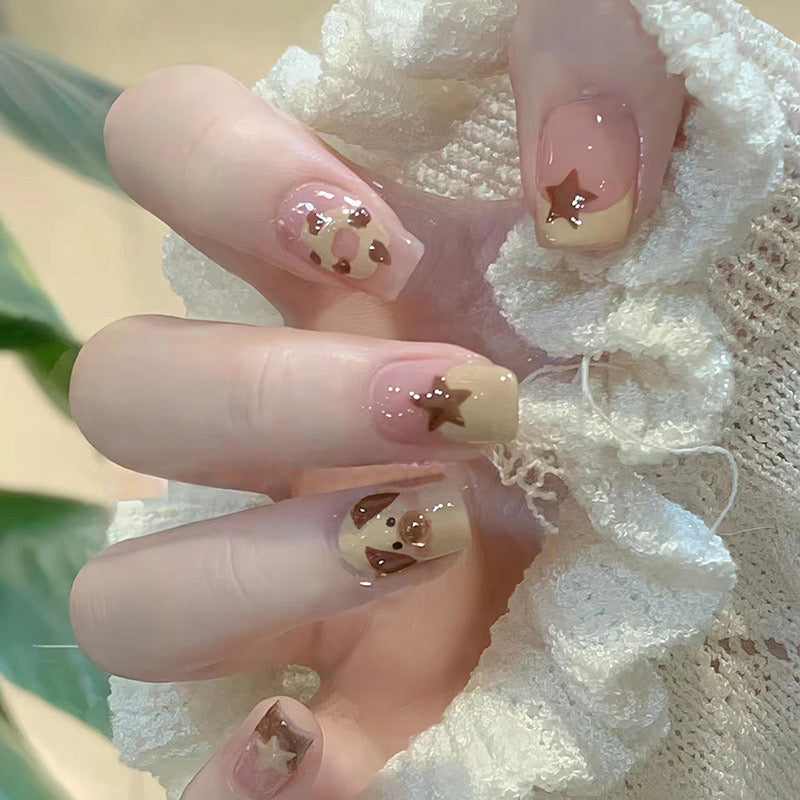 Cozy Elegance Medium Square Beige Press-On Nails with Gold Star Accents