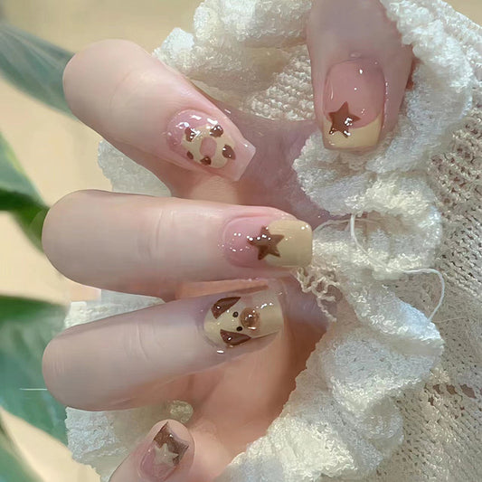 Cozy Elegance Medium Square Beige Press-On Nails with Gold Star Accents