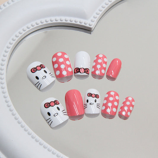 Enchanting Charm Short Square Oval Pink And White Press On Nails With Polka Dots And Cute Character Design