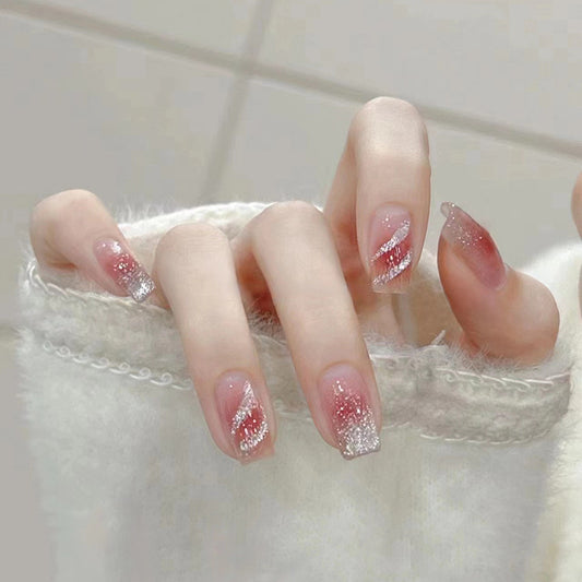 Winter Sparkle Medium Square Translucent Press-On Nails with Glitter Gradient Design