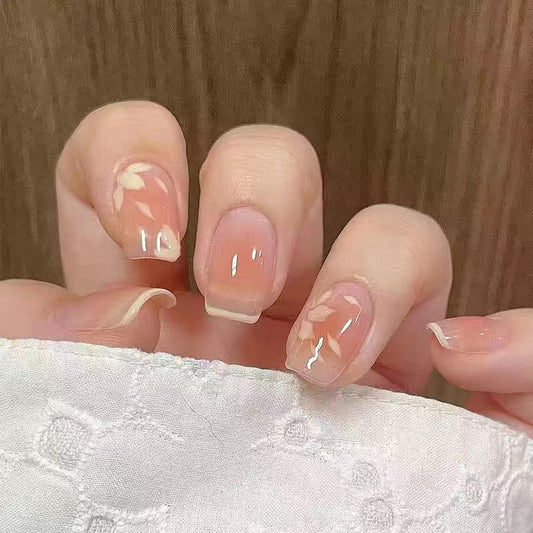 Natural Elegance Long Square Beige Press-On Nails with Abstract Swirl Accent