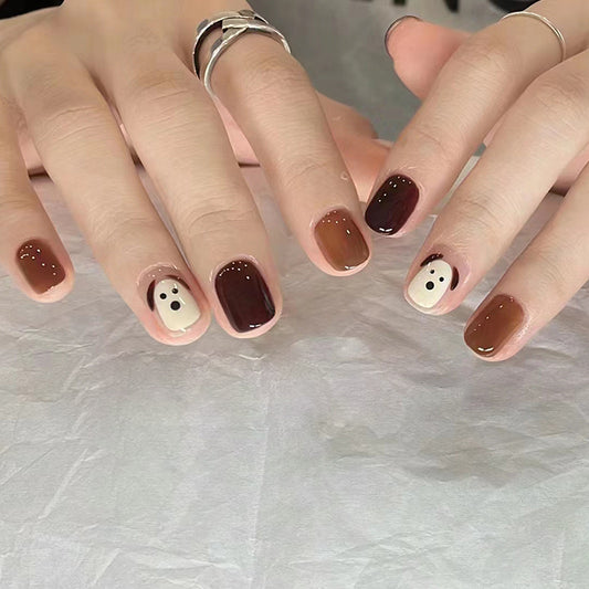 Charming Short Square Brown and Cream Press On Nails with Polka Dots and Adorable Ghost Accents