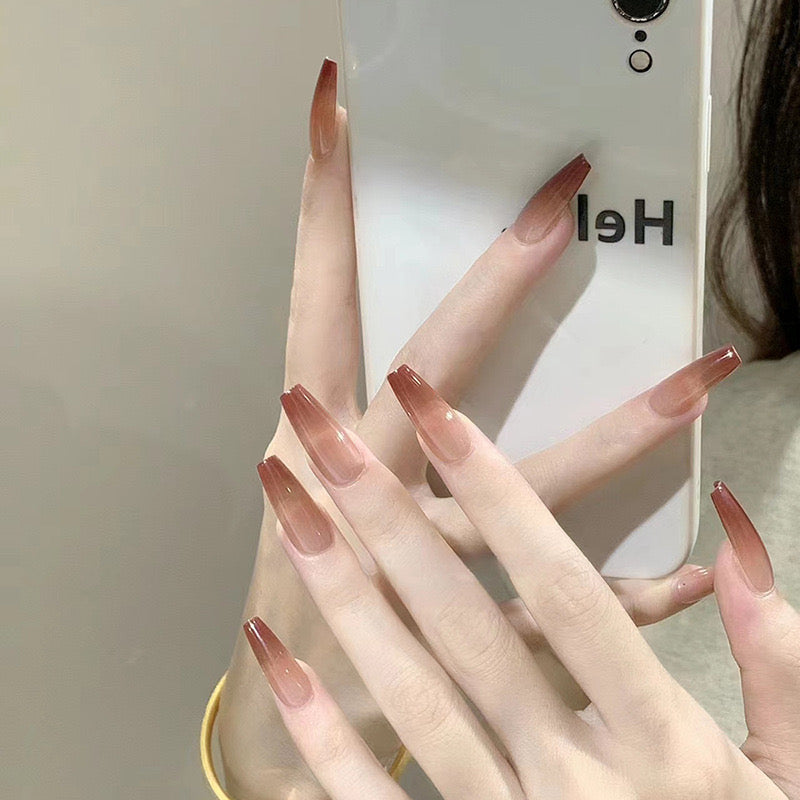 Chic Elegance Long Coffin Glossy Ombre Press On Nails with Natural Pink to Burgundy Transition