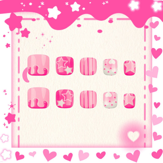 Enchanted Pink Short Squoval Kid's Press-On Nails with Playful Dripping and Star Patterns