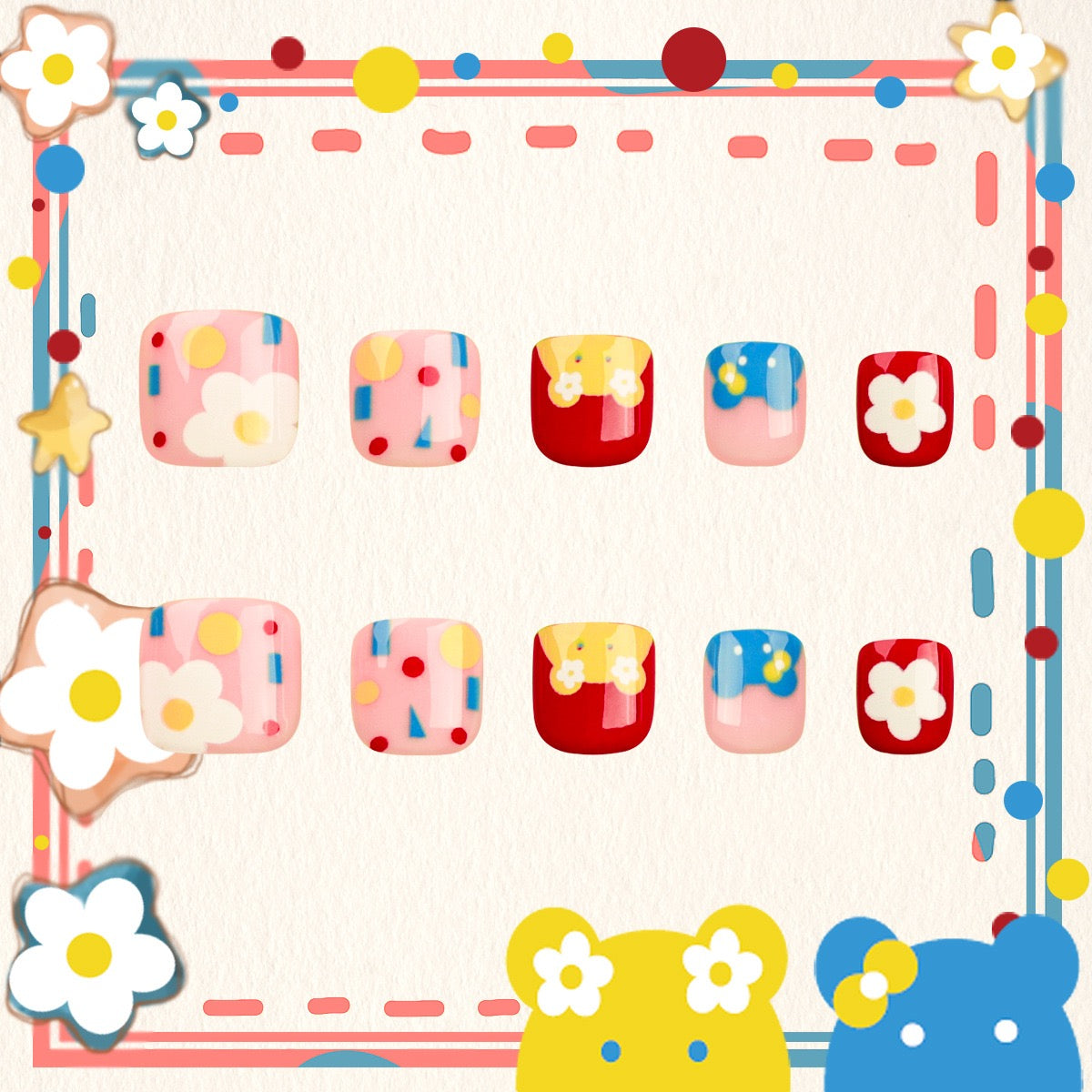 A collection of press-on nails for kids, featuring pastel colors with polka dots and floral accents, displayed in a grid layout with decorative flowers around the border.