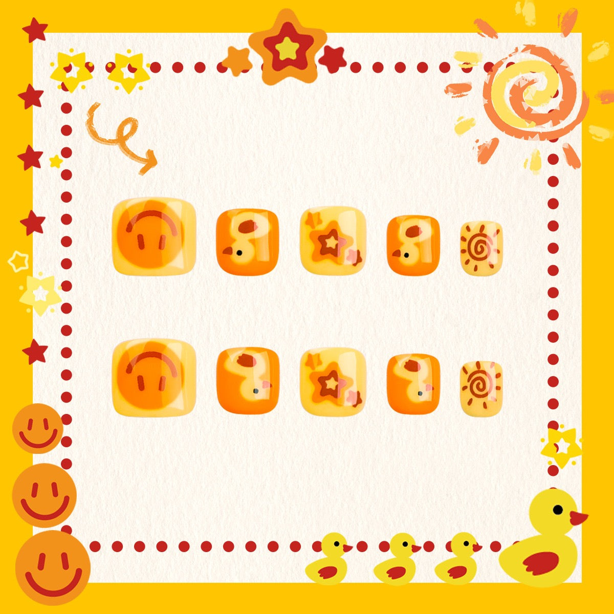 Colorful children's stickers with various shapes and designs on a yellow border.