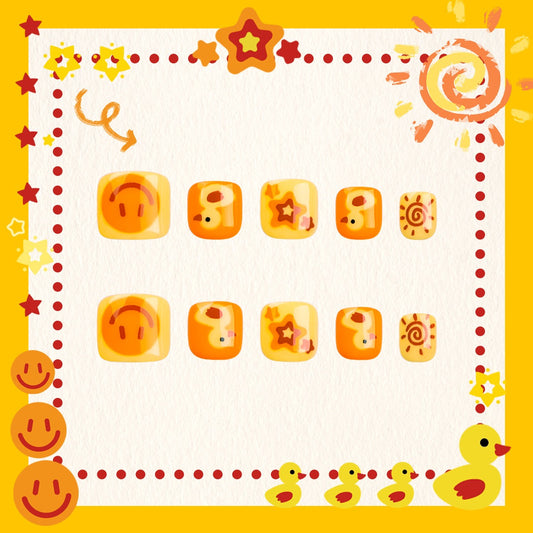 Sunny Days Short Squoval Kid's Press-On Nails with Orange Hues and Playful Bear Patterns