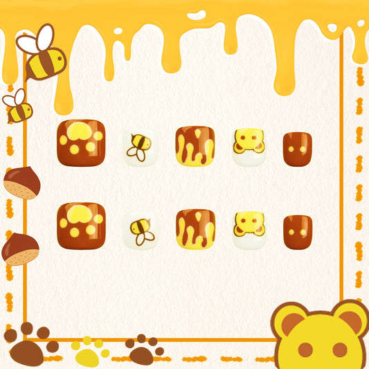 Honeycomb Delight Medium Squoval Kid's Press-On Nails with Amber and Honey Hues Adorned with Bee and Drip Patterns