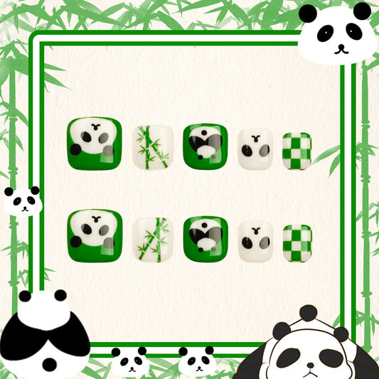 Enchanted Forest Medium Squoval Kid's Press-On Nails in Green with Adorable Panda Accents and Bamboo Motifs