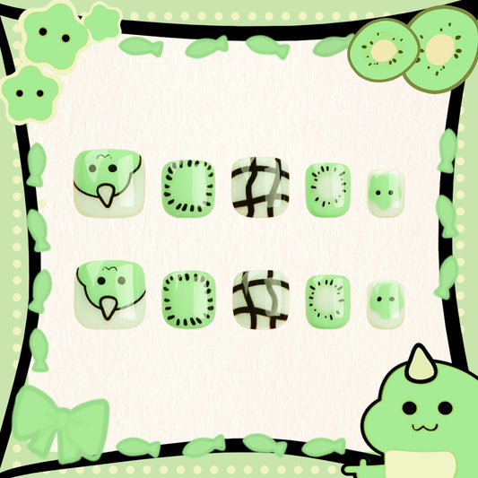 Matcha Green Tea Short Squoval Kid's Press-On Nails with Avocado and Cactus Designs