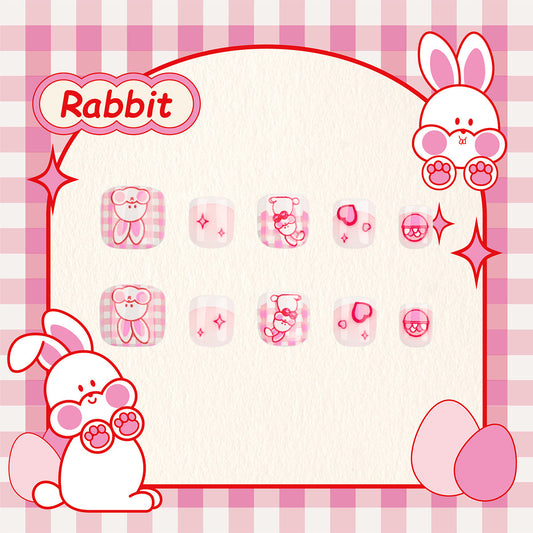 Playful Bunny Short Squoval Kid's Press-On Nails in Pastel Pink with Gingham Patterns and Cute Rabbit Illustrations
