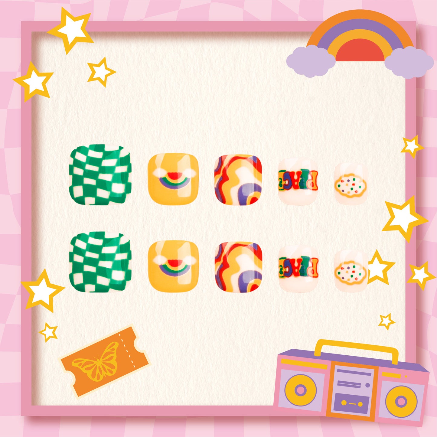 Retro Vibes Medium Length Squoval Kid's Press-On Nails with Plaid, Swirl, and Donut Patterns