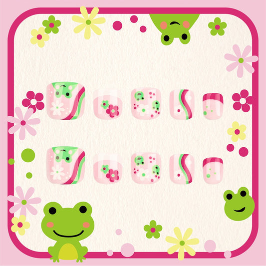 Springtime Serenade Short Squoval Kid's Press-On Nails in Pink with Striped and Floral Froggy Accents