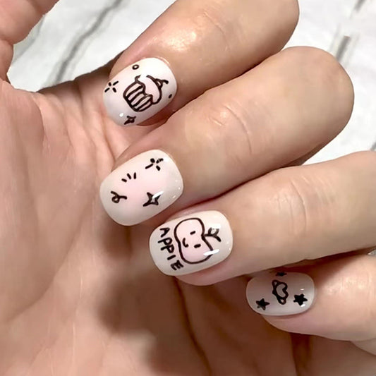 Apple Cupcake Short Squoval White Cartoon Press On Nails